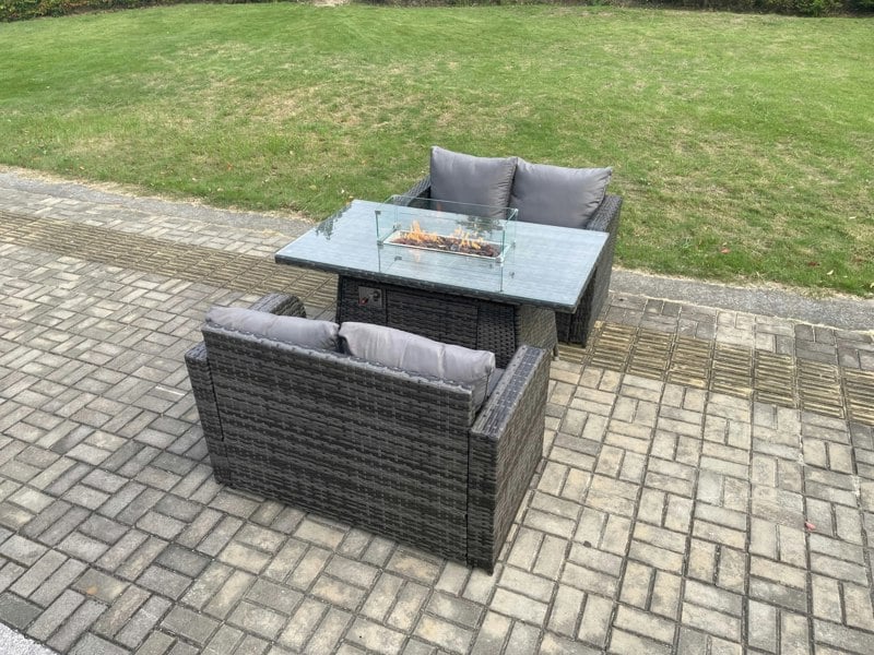 Fimous Rattan Garden Furniture Set with Gas Fire Pit Dining Table Indoor Outdoor 3 piece set