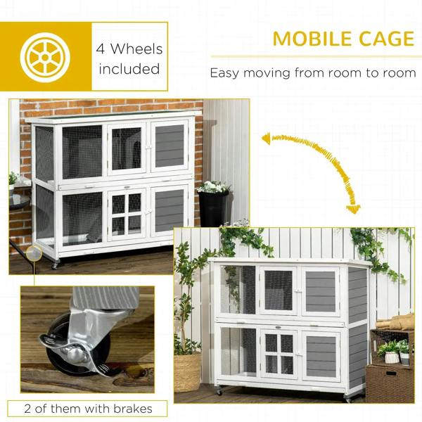 Mobile two-tier rabbit hutch on caster wheels with grey panel doors and wire mesh fronts