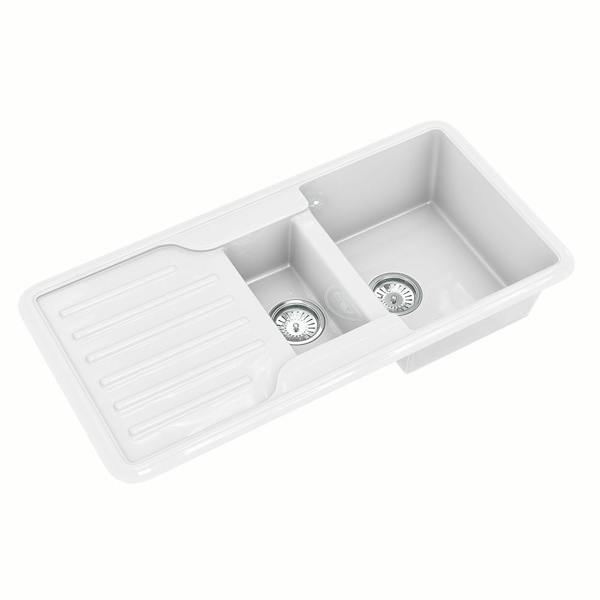 Flode Traditional Gloss White Comite 1.5 Bowl Kitchen Sink & Drainer | 1000 x 500mm | Left or Right Handed | Supplied with Basket Strainer Wastes