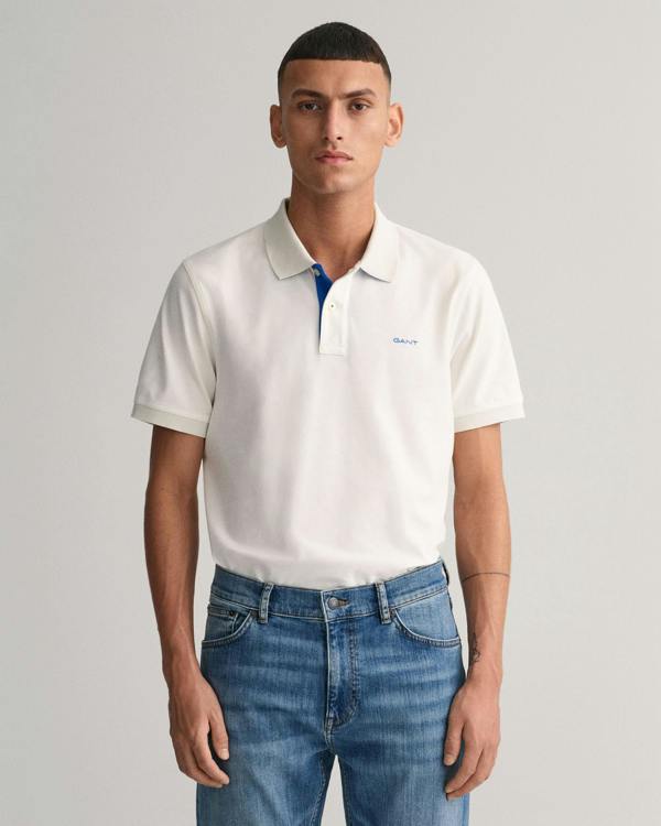 GANT Regular Fit Short Sleeve Contrast Pique Rugger - 113 Eggshell - CHO - Designer Mens Short Sleeve Polo Shirts