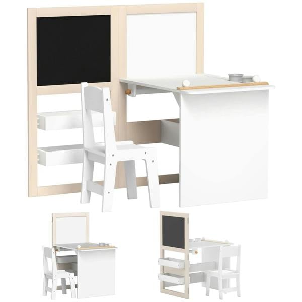 Kids 3-in-1 table and chair set with storage; white tabletop, chalkboard and board panels