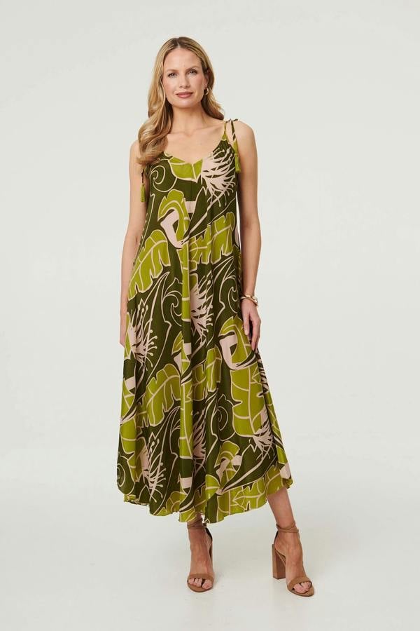 Green | Leaf Print Tassel Cami Strap Maxi Dress