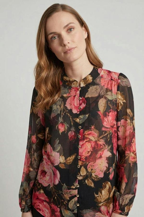Black | Floral Long Sleeve Button Front Blouse
