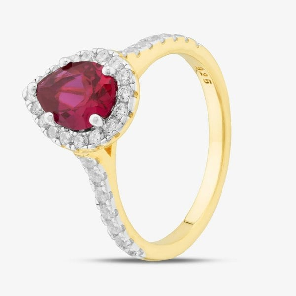 T. H. Baker Silver Gold Plated Red Pear Cut Cubic Zirconia Shoulder Set Halo Ring S2185Y