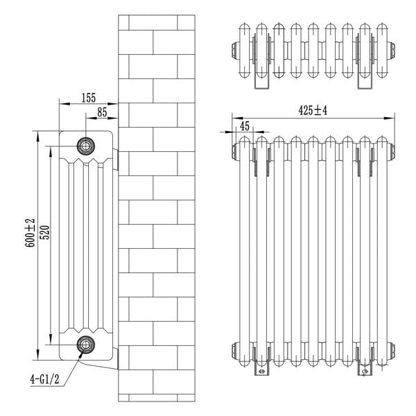 Traditional black 4 column radiator with detailed dimensions, showcasing a sleek design and textured surface for efficient heating