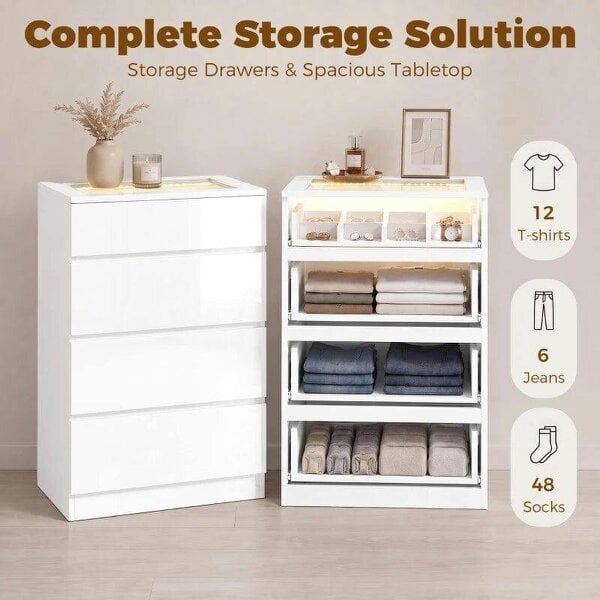 High Gloss 4 Drawer Chest of Drawers with Glass Top and RGB LED Lights, Dresser with Jewelry Organizer, APP Control