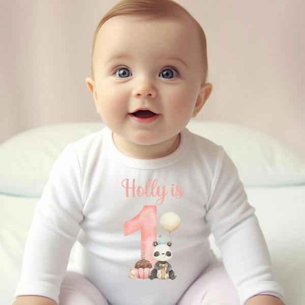 Personalised Pink Panda 1st Birthday Baby Grow, Vest or Bib with Name