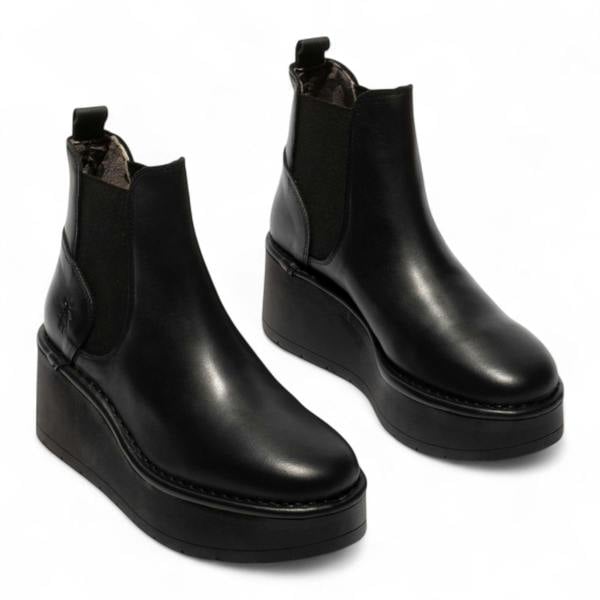 Fly London Womens Black HELY268 Chelsea Leather Ankle Pull-On Platform Comfort Boots