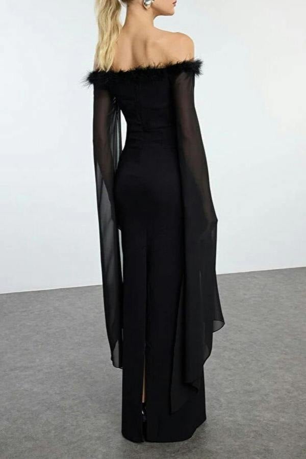 WOVCOR Long Elegant Evening Dress with Sleeve Detail and Pleats