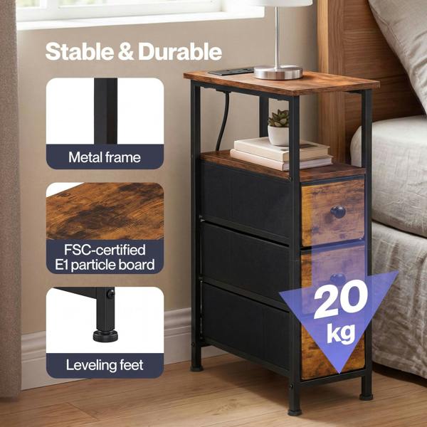 Levede Bedside Table with LED Light Charging 3 Fabric Drawers Storage Brown