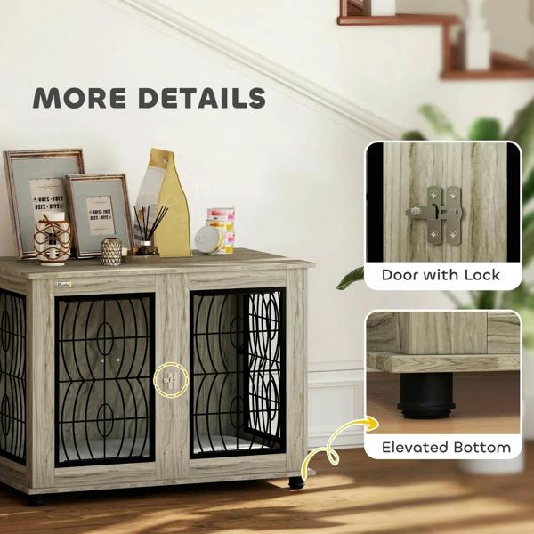 Grey pet crate furniture end table with lockable front door latch and raised bottom