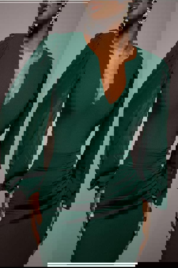 Chiffon Cuffed Balloon Sleeve Scuba Maxi Dress - Emerald Green DR4840