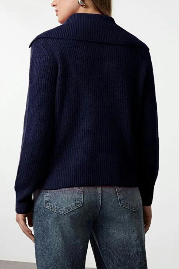 WOVCOR Oversize Polo Collar Knit Sweater with  Zipper Detail