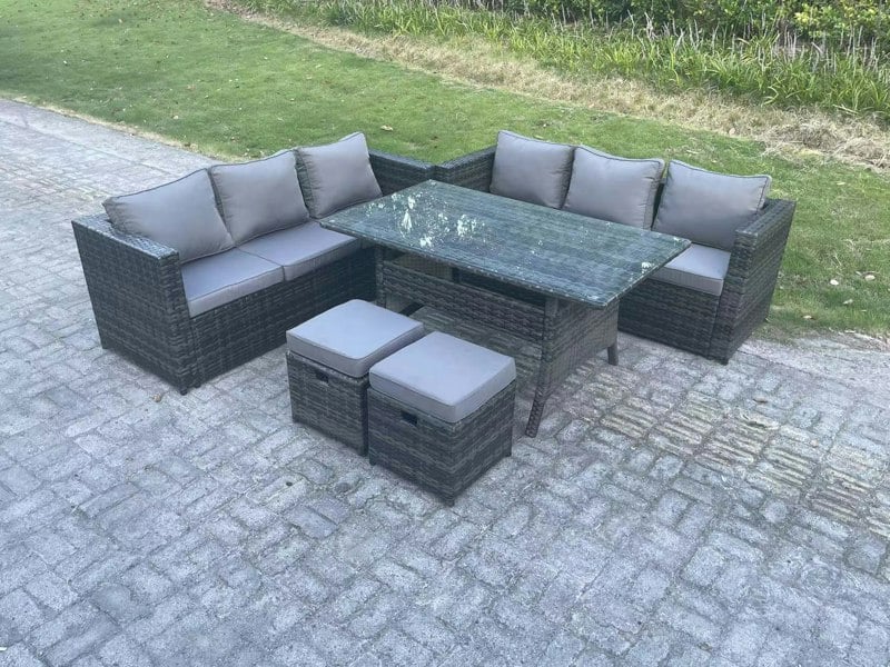 Fimous PE Wicker Outdoor Garden Furniture Set Patio Rattan Rectangular Dining Table Lounge Sofa with 2 Small Footstool 8 Seater Dark Grey Mixed