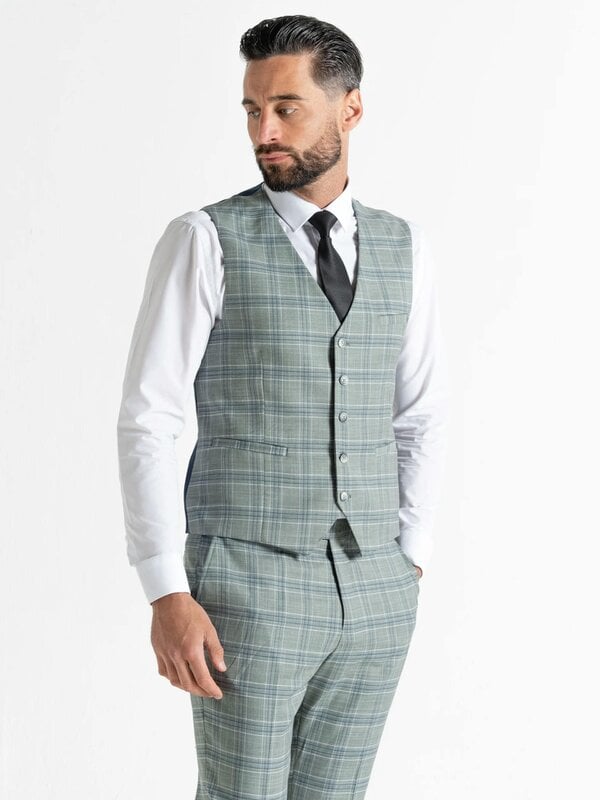 V2 Classic Kensignton Three Piece Suit - Olive with White and Blue Checks