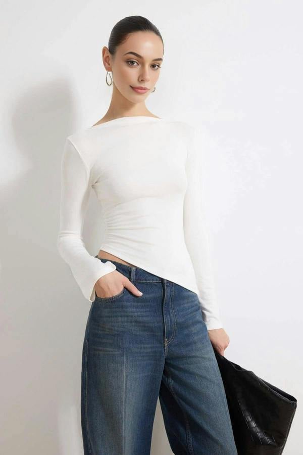 WOVCOR Boat Neck Long Sleeved Soft Knit Blouse