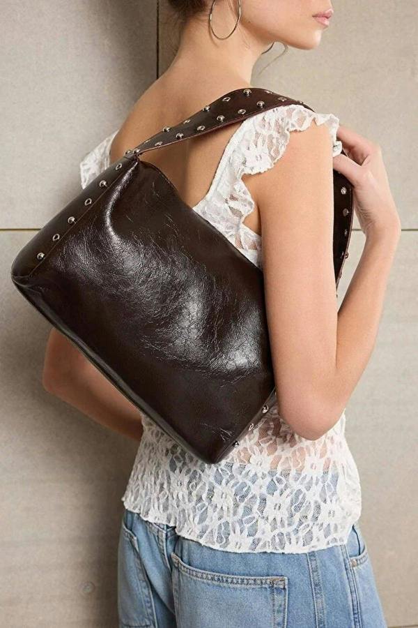WOVCOR Faux Leather Shoulder Bag with Stud Detail