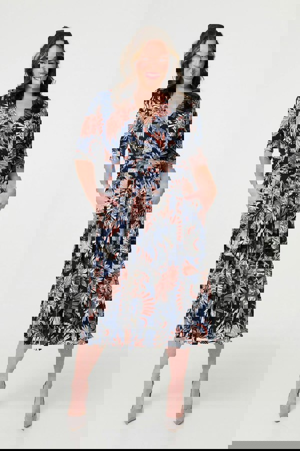 Navy | Tropical Print 1/2 Sleeve Midi Wrap Dress