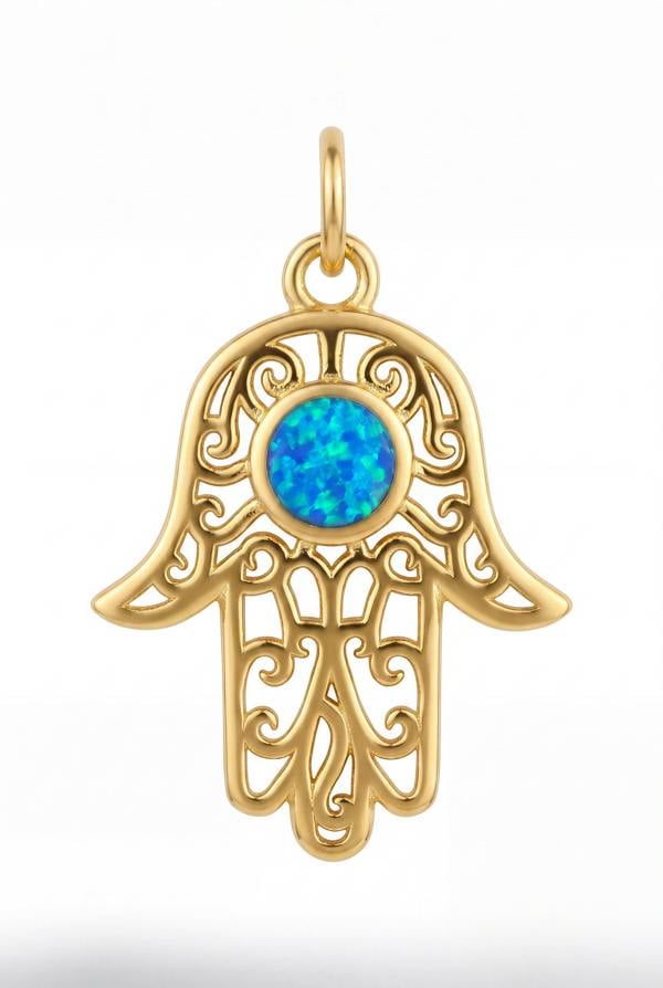 Latelita Hamsa Hand Filigree Blue Opal Pendant Necklace Gold