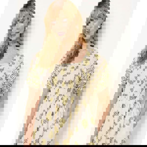 Blue Vanilla Square Neck Puff Sleeve Shirred Border Midi Dress