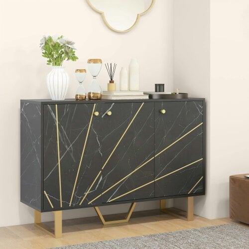 Wyld Haus Suno Black Marble Effect Sideboard Golden Metal Legs 3 Doors