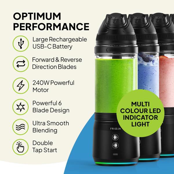 Fridja’s Kitchen Trio—f500 Portable Blender, f800 Citrus Juicer & f1900 Cold Press Juicer—showcases USB-C battery, 240W motor, 6-blade design, double tap start, multi-colour LED indicator and cold-press juicing for fresh drinks anywhere.