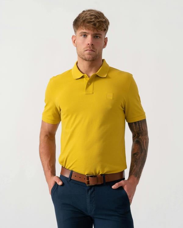 BOSS Orange Passenger Mens Stretch-Cotton Slim-Fit Polo Shirt with Logo Patch - Medium Yellow 721 - Main