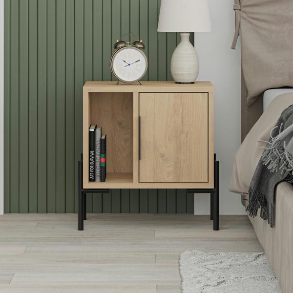 Decortie Modern Glynn Bedside Table Oak w/Black Metal T Legs 48(D)cm Nightstand 1-Door Storage Cabinet Metal Handle Bedroom Home