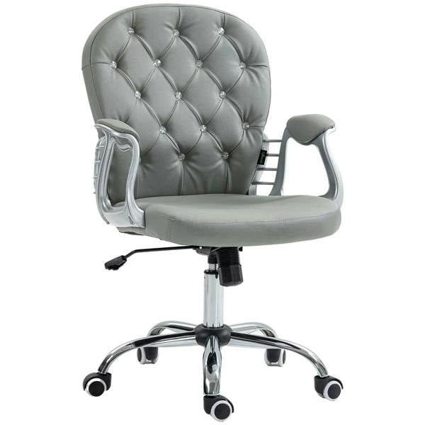 Grey ergonomic office chair with tufted padded back, armrests, and 5 caster base