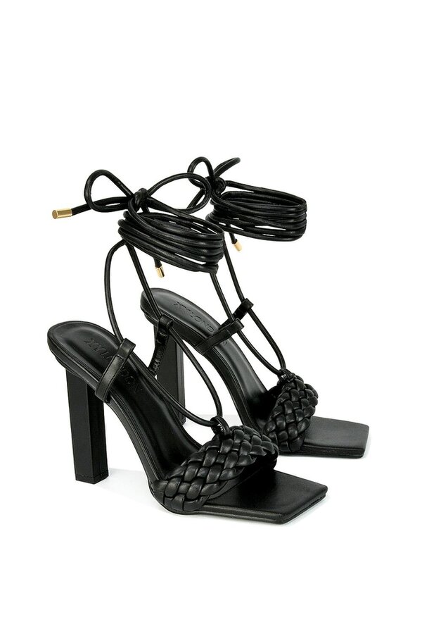 XY LONDON Woven Strap Lace Up Strappy Block Square Toe Heels
