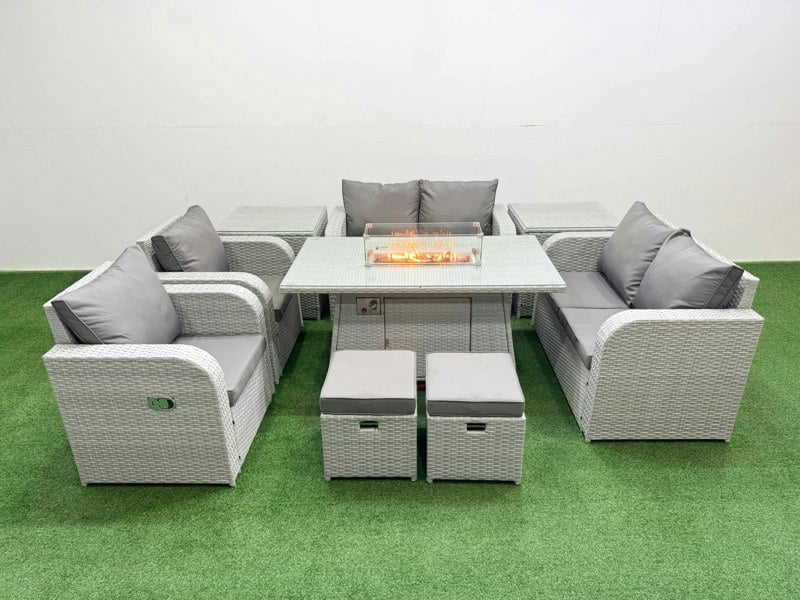 Fimous 8 Seater Outdoor Reclining Chair Love Sofa Set Rattan Garden Furniture Set with Fire Pit Dining Table 2 Stools 2 Side Table Light Grey