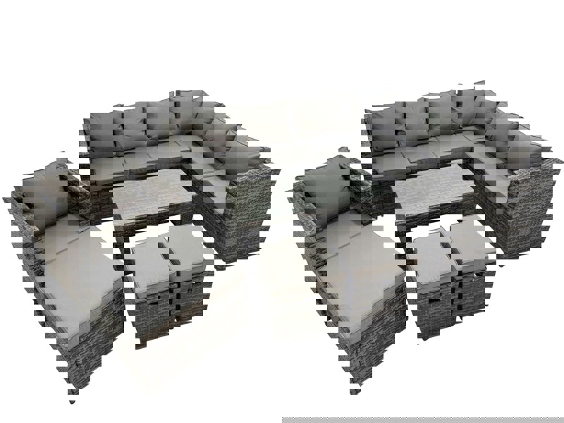 Fimous Outdoor Rattan Oblong Coffee Table Corner Sofa Sets Garden Furniture Set with Chair 3 Stool Dark Grey Mixed