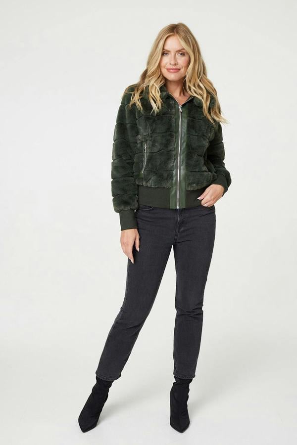 Khaki | Faux Fur Zip Front Jacket