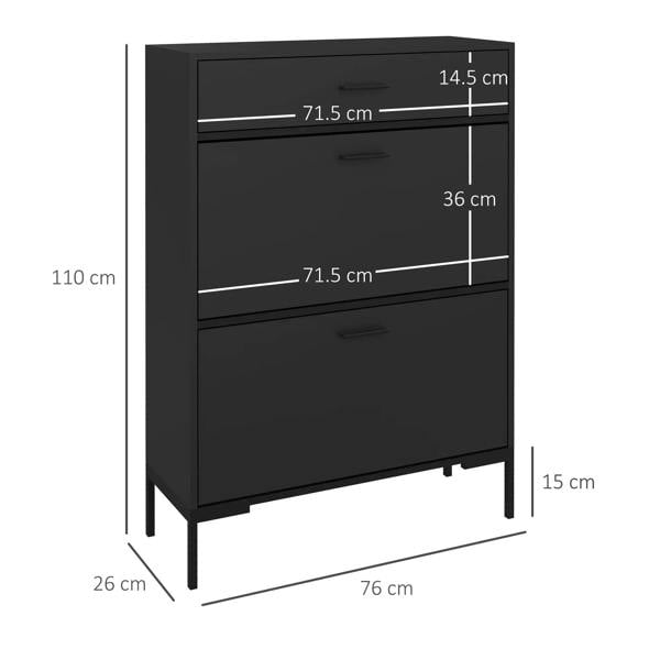 Black slim shoe cabinet with three drawers and size measurements