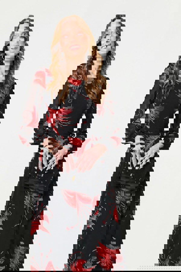 Red | Tropical Print Mesh Layered Midi Dress
