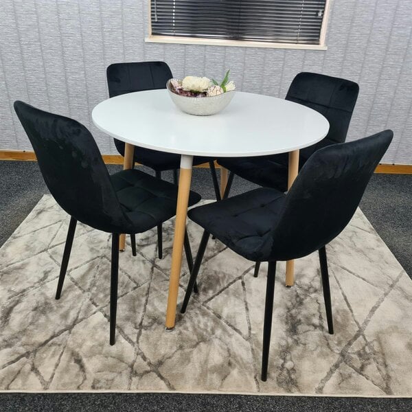 Kosy Koala Dining Table and 4 Chairs  White Round Wood Table 4 Black Velvet Chairs Dining Room Furniture