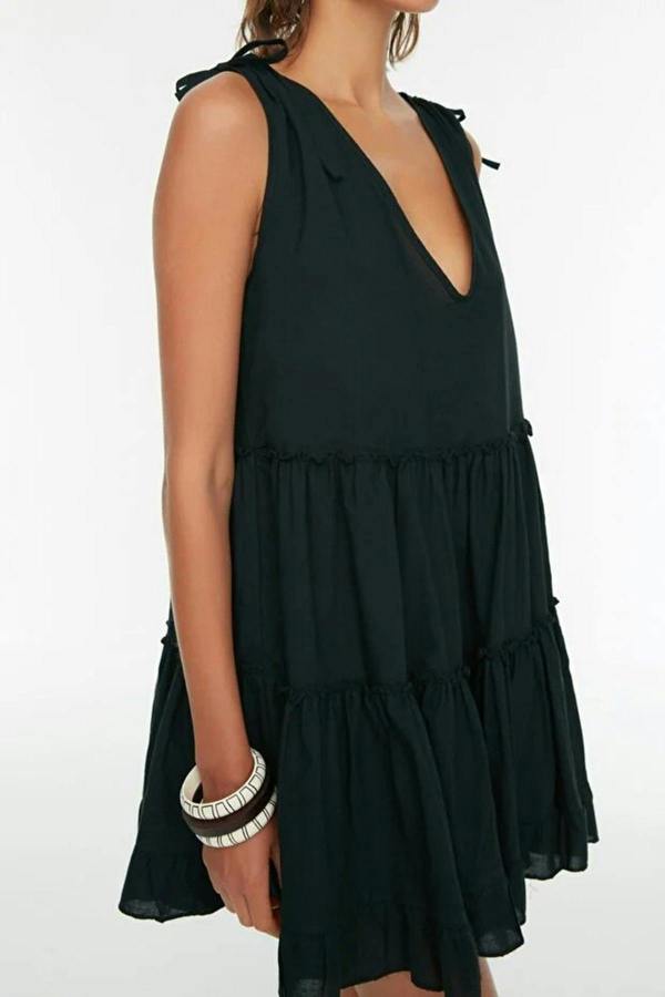 WOVCOR 100% Cotton Woven Ruffled Mini Beach Dress