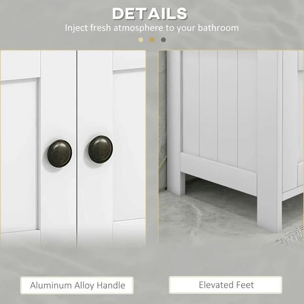 White cabinet with raised panels, round knobs, and elevated feet for under-sink storage