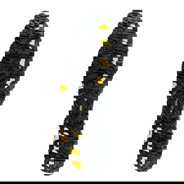 Buckbootz Blastz Tradez Mens High Leg Side Zip Up Safety Boots, close-up of the rugged black rubber sole with yellow accents for traction and durability.