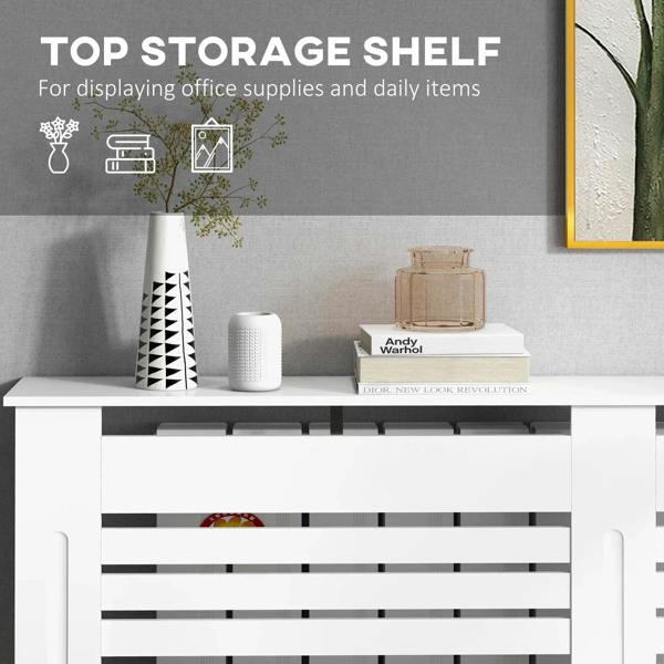 White radiator cover cabinet with open top shelf and horizontal slat grille front.