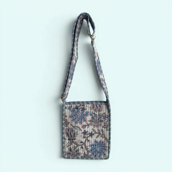 Hayley & Co Mini Cross Body Bag - Pale Blue and White Block Print Floral