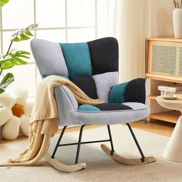 3ft Patchwork Upholstered Rocking Chair with Wooden Skates Rocking Chairs Living and Home