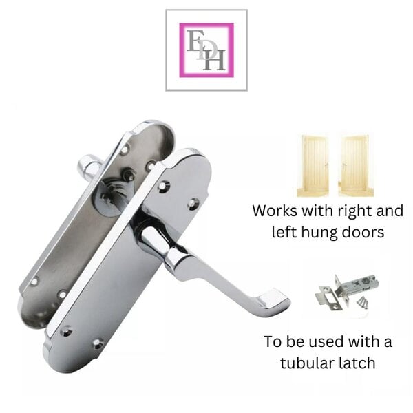 EDH Door Hardware Polished Chrome Victorian Scroll Door Handles on Shaped Backplate – 170mm x 40mm + Tubular Latch