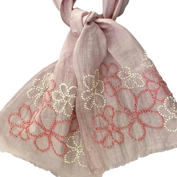 Hayley & Co Hand Embroidered 100% Linen Scarf in Pale Pink with French Knot Flower details