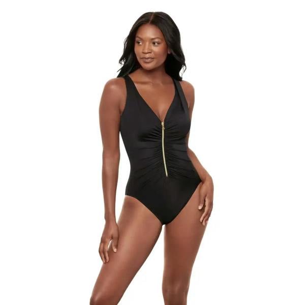Black Miraclesuit Razzle Dazzle Zipt swimsuit with gold zipper and halter neck