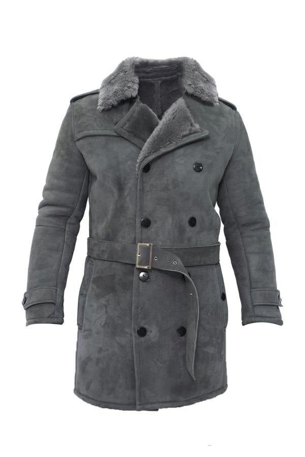 Infinity Leather Mens Shearling Sheepskin Suede Pea Coat-Cali