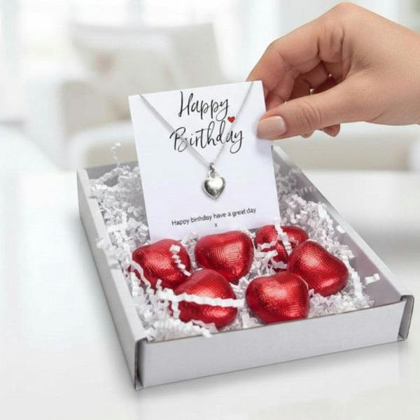 Aye Do Gifts Happy Birthday Gift Box, Silver Heart Necklace & Chocolate Treats
