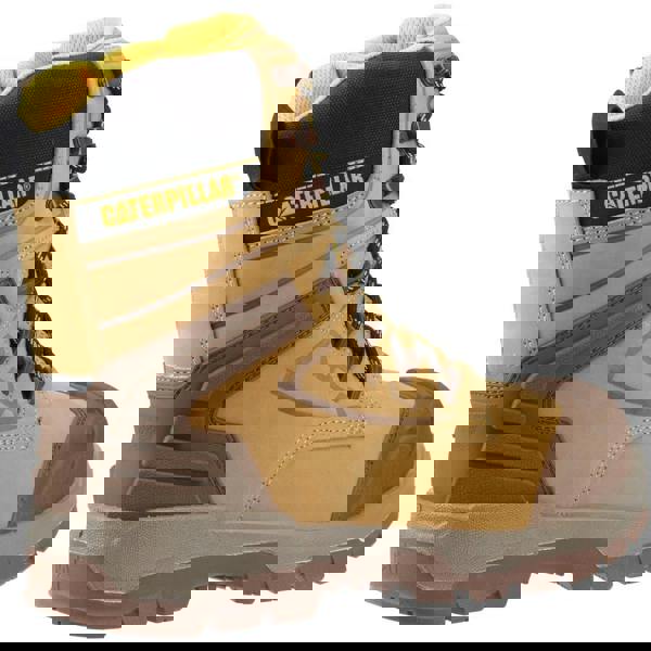 Caterpillar Striver XL 8" Mens Side Zip Waterproof S7 Safety Ankle Boots, sturdy tan and brown leather construction with black and yellow laces, rugged outsole, and side zipper for easy wear.