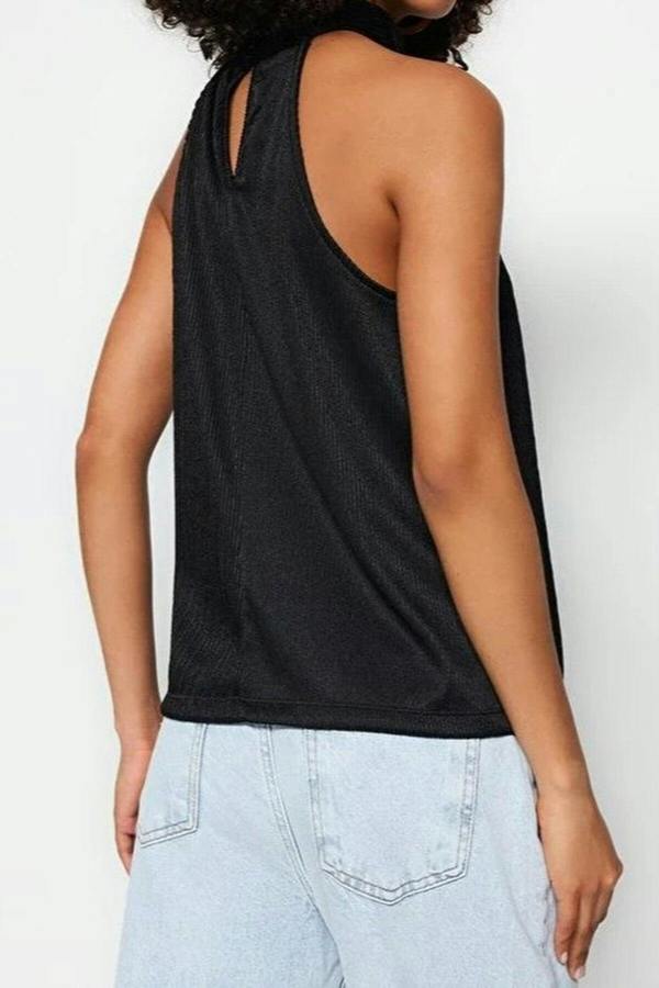 WOVCOR Stand-Up Collar Pleated Stretch Knit Blouse