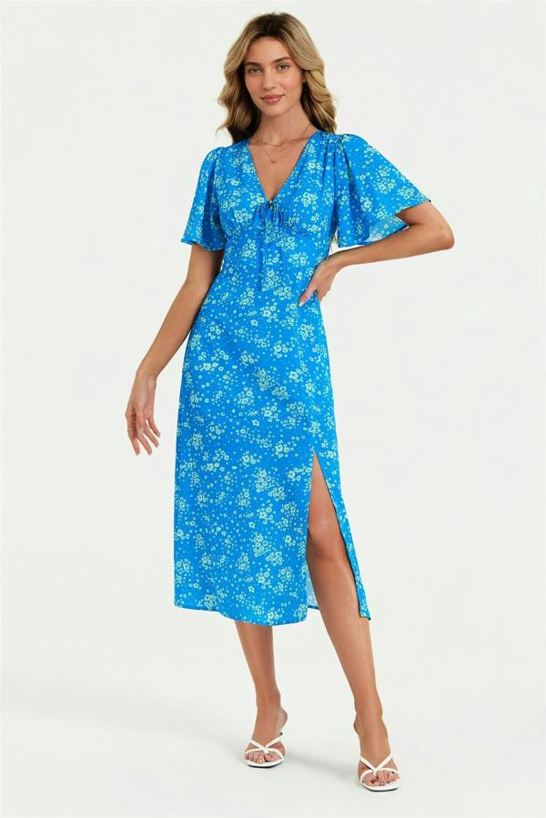 FS Collection Green Floral Print Angel Sleeve Midi Dress In Blue